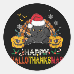 Womens Happy Hallothanksmas Black Cat Halloween Th Classic Round Sticker