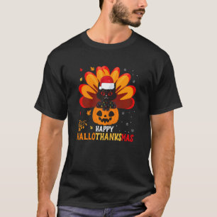 Womens Happy Hallothanksmas Black Cat With Lights T-Shirt