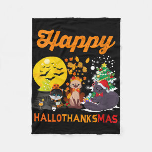 Womens Happy Hallothanksmas Cat Halloween Christma Fleece Blanket
