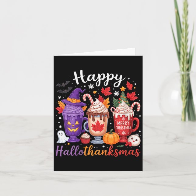 Womens Happy Hallothanksmas Coffee Lover Halloween Card (Front)