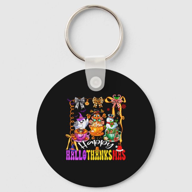Womens Happy Hallothanksmas Coquette Bow Coffee La Key Ring (Front)