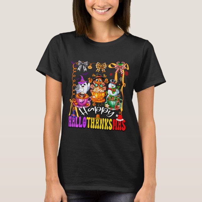 Womens Happy Hallothanksmas Coquette Bow Coffee La T-Shirt (Front)