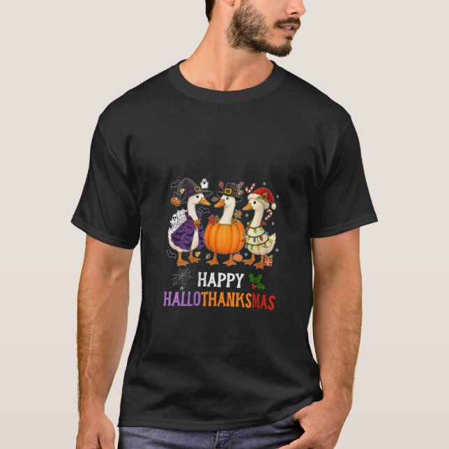 Womens Happy Hallothanksmas Halloween Thanksgiving T-Shirt (Front)