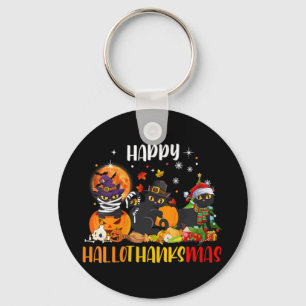 Womens Happy Hallothanksmas Shirt Black Cat Hallow Key Ring