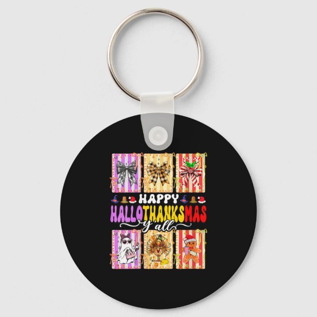 Womens Happy Hallothanksmas Y’all Funny Holiday Ma Key Ring (Front)