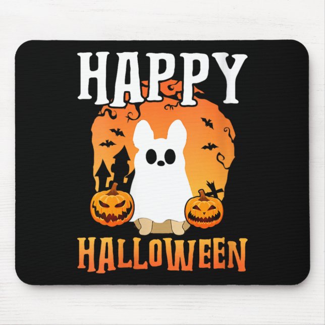 Womens Happy Halloween Dog Ghost V-Neck Mouse Pad (Front)
