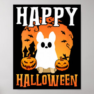 Womens Happy Halloween Dog Ghost V-Neck Poster