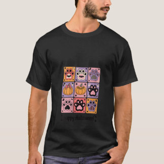 Womens Happy Halloween Paw Print Pumpkin Ghost V N T-Shirt