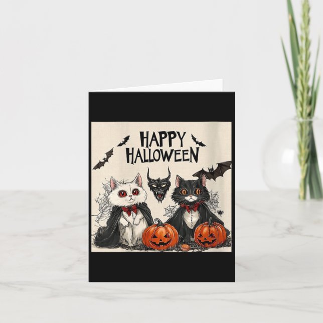 Womens Happy Halloween Vampire Black Cat Bat Card (Front)