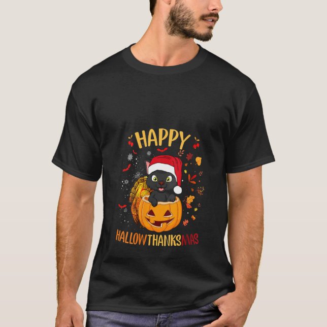 Womens Happy Hallowthanksmas Black Cat Santa Hat H T-Shirt (Front)