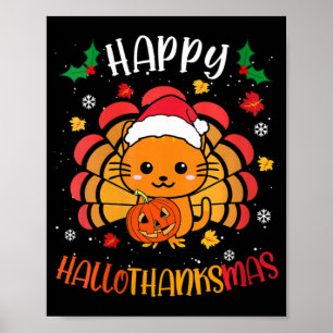 Womens Happy Hallowthanksmas Ca Cute Kitten Turkey Poster