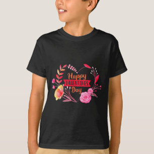 Womens Happy Valentines Day Cute Floral Heart V-ne T-Shirt
