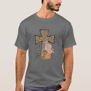 Womens He Is Risen Leopard Rainbow Christian Jesus T-Shirt