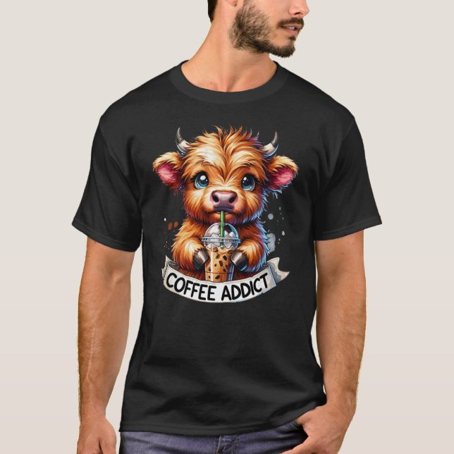 Women's Highland Cow Shirt Coffee Addict Cute Gift (Front)