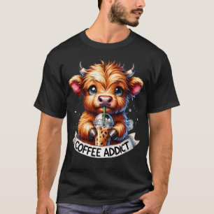 Women'S Highland Cow Shirt Coffee Addict Cute Gift