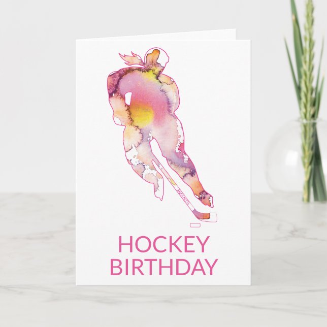 Women's Hockey Birthday Hockey Player Watercolor Card (Front)