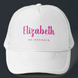 Womens Hot Pink Bridesmaid Bachelorette Party Team Trucker Hat<br><div class="desc">Custom Add Image Text Here Clothing Apparel Template Personalised Women's White And Hot Pink Bachelorette Party Bridesmaid Name Baseball & Trucker Hats.</div>
