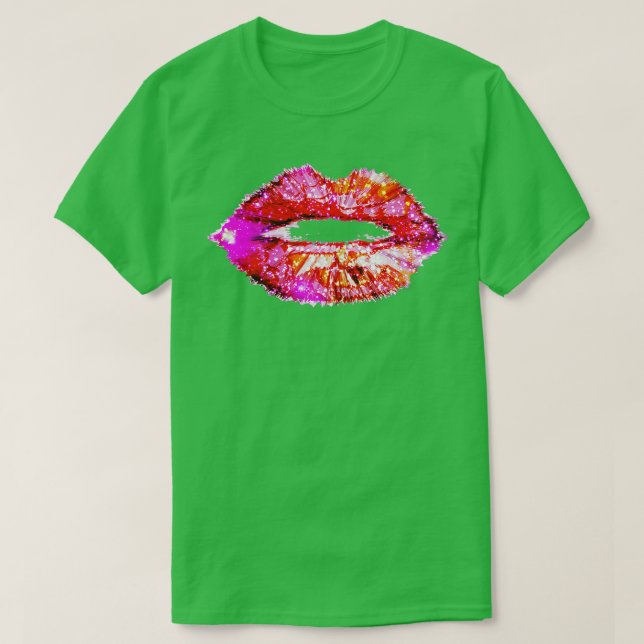 Womens Hot Pink Lips Kiss Neon 80s Lipstick Party  T-Shirt (Design Front)