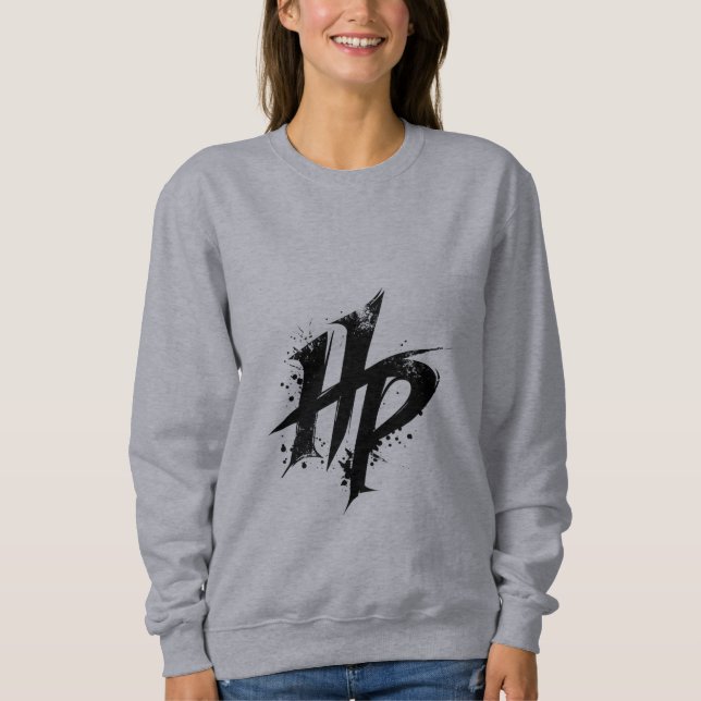 Women's HP Monogram Distressed Graphic Grey Sweats Sweatshirt (Front)