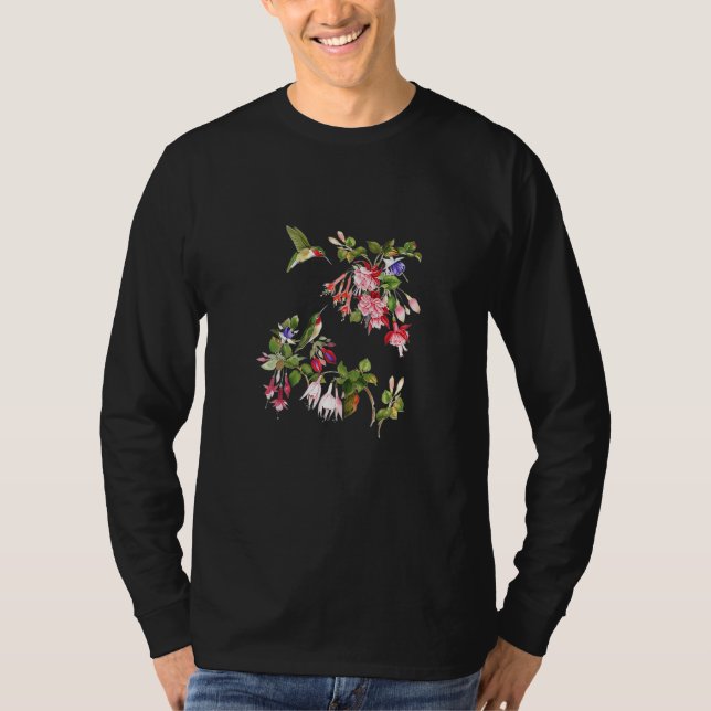 Womens Hummingbird Fuchsias Springtime Flowers T-Shirt (Front)
