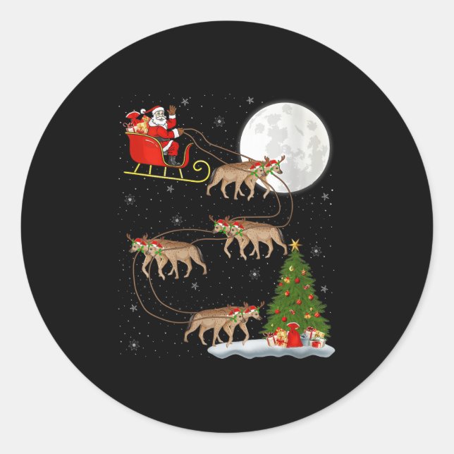 Womens Hyena Santa Sleigh Flying Funny Magical Chr Classic Round Sticker (Front)