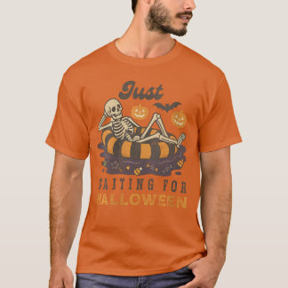 Womens Just Waiting for Halloween Funny Skeleton S T-Shirt