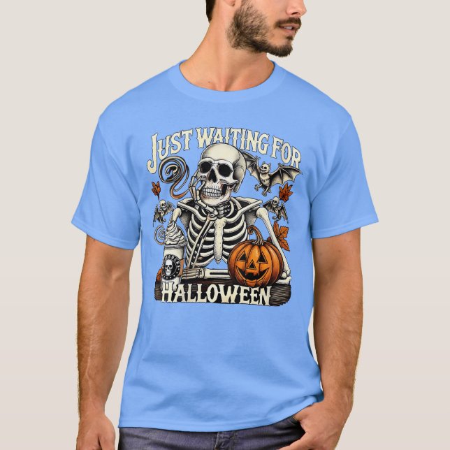 Womens Just Waiting For Halloween Skeleton Coffee  T-Shirt (Front)
