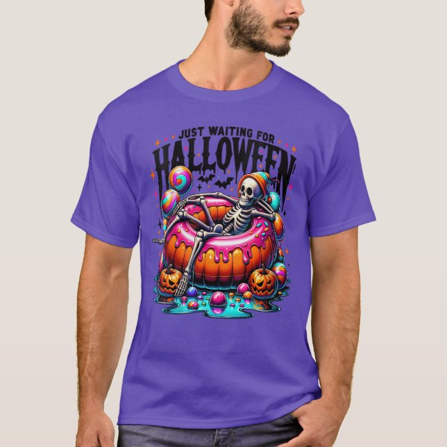Womens Just Waiting for Halloween Skeleton Spooky  T-Shirt (Front)