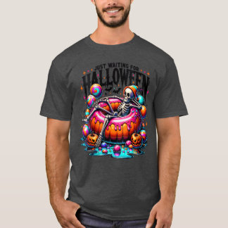 Womens Just Waiting for Halloween Skeleton Spooky T-Shirt