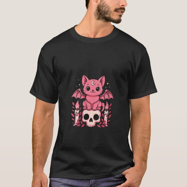 Womens Kawaii Pastel Goth Cute Creepy Cat Bat Skel T-Shirt (Front)