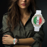 Women's Ladies White Rhinestone Italian Flag Italy Watch<br><div class="desc">A stylish women's watch in crisp white enamel, adorned with rhinestones. The watch face features the vibrant colours of the Italian flag - green, white, and red. To make it uniquely yours, your name is boldly written in pretty black lettering. It's a chic and personalised accessory that effortlessly combines fashion...</div>