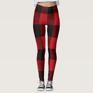 Women's Leggings Red Buffalo Plaid Bear Black