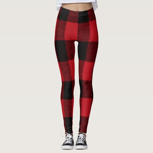 Women's Leggings Red Buffalo Plaid Bear Black (Front)