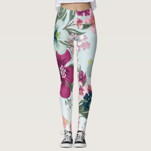 Women's Leggings Tropical Flowers on Blue Ombre