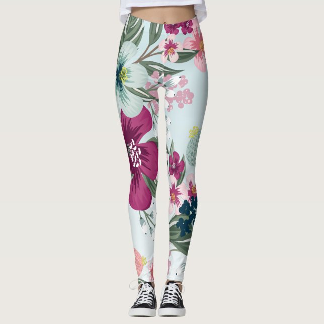 Women's Leggings Tropical Flowers on Blue Ombre (Front)
