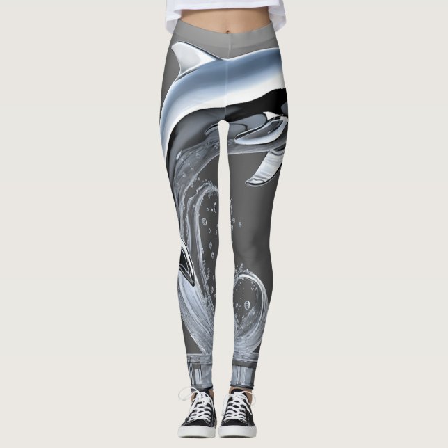 womens leggings wave and dolphin (Front)