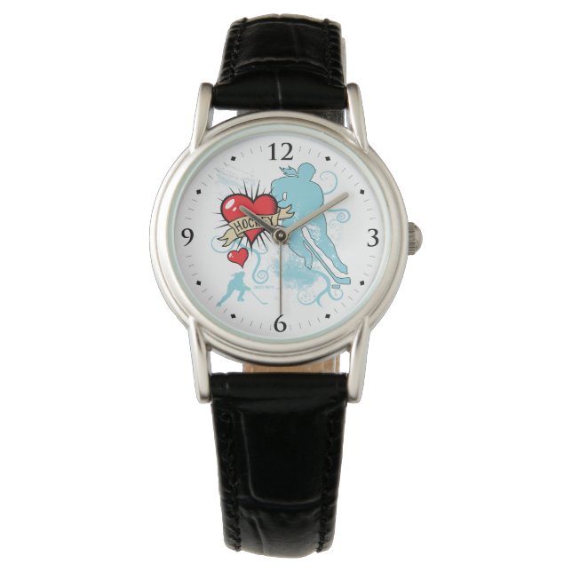 Women's Love Heart Hockey Tattoo style Watch (Front)