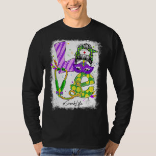 Womens Love Messy Bun Scrub Life Nurse Mardi Gras T-Shirt