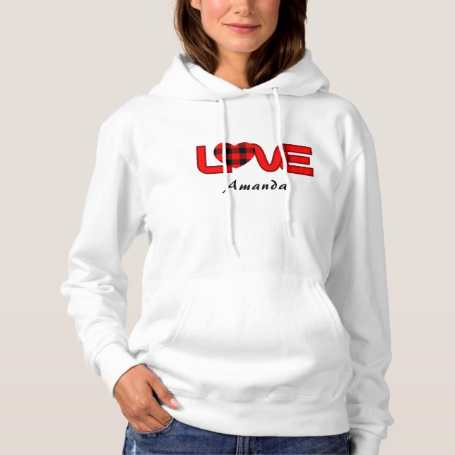 Women's Love Red Plaid Pullover Hoodie Sweatshirt (Front)