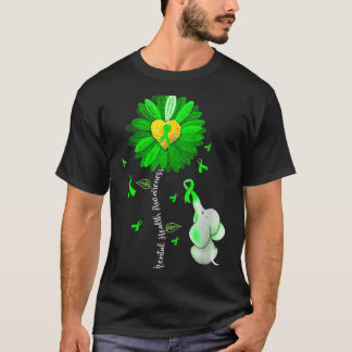 Womens Mental Health Awareness Cute Elephant Green T-Shirt