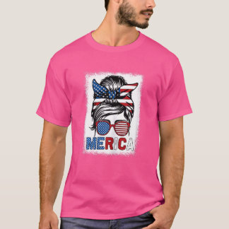 Womens Merica Mum Girl American Flag Messy Bun Hai T-Shirt