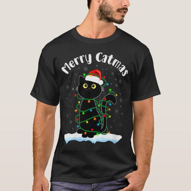 Womens Merry Catmas Cat Wearing Santa Hat Black Ca T-Shirt (Front)