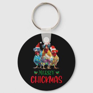 Womens Merry Chickmas Ornament Lights Chicken Farm Key Ring