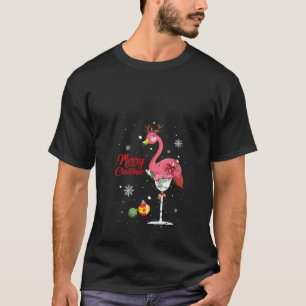 Womens Merry Christmas Pink Flamingo Wine Drinking T-Shirt