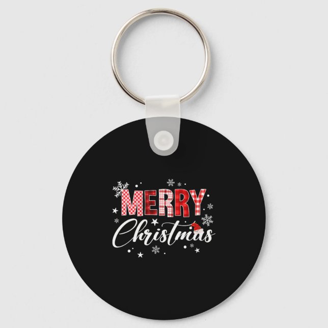 Womens Merry Christmas Red Buffalo Plaid Santa Hat Key Ring (Front)