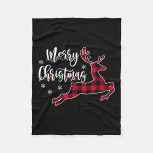 Womens Merry Christmas Reindeer Buffalo Plaid Red  Fleece Blanket
