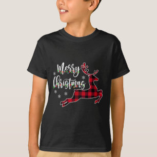 Womens Merry Christmas Reindeer Buffalo Plaid Red  T-Shirt