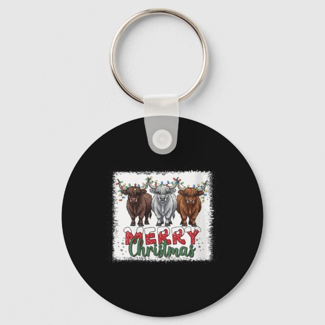 Womens Merry Christmas Scottish Highland Cow Xmas  Key Ring (Front)
