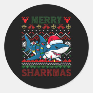 Womens Merry Sharkmas Ugly Christmas Shark Santa H Classic Round Sticker