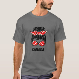 Womens Messy Bun Hair Canadian Flag Canada Day Sun T-Shirt
